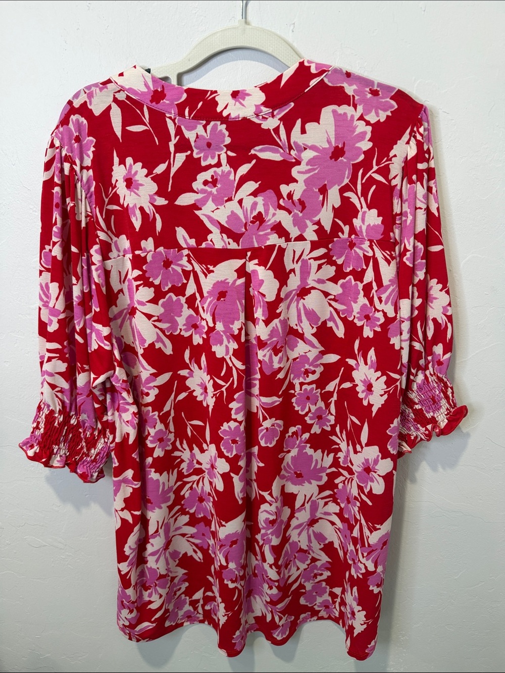 Dear Scarlett Red Floral V-Neck Tunic with Pink and Cream Blooms - Picture 2 of 5